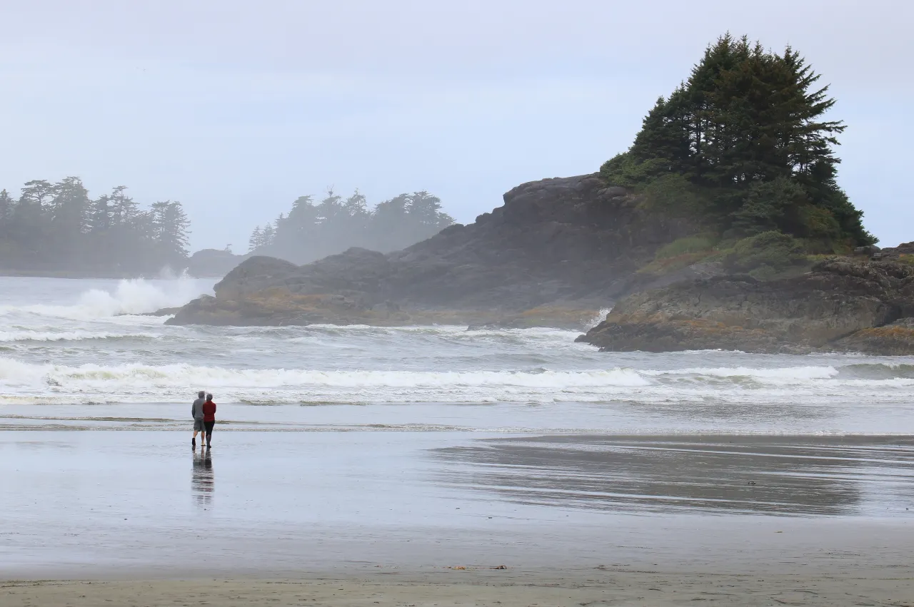 Two people walking along Cox Bay beneath a forested headland